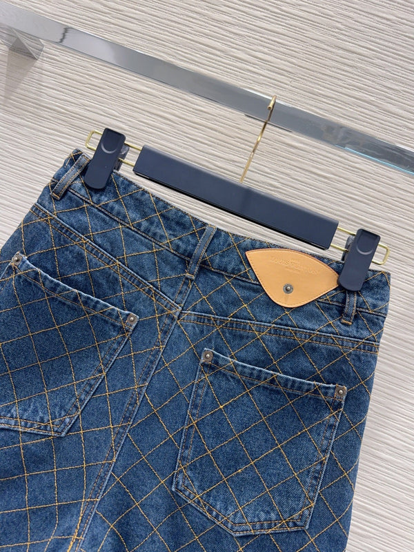 LV 26S Quilted Denim Jacket & Diamond-Grid Denim Shorts Set Cotton 436585