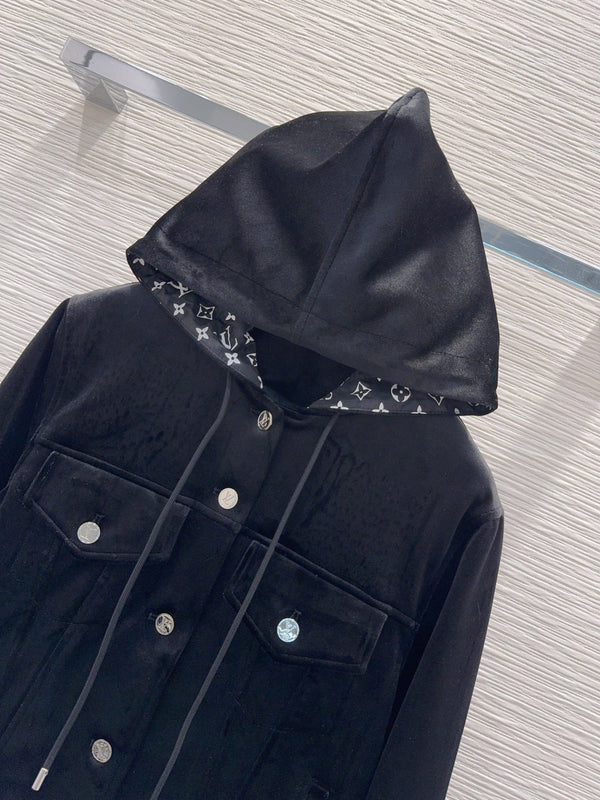 LV 26FW Hooded Velvet Jacket Monogram Hood Polyester 436390