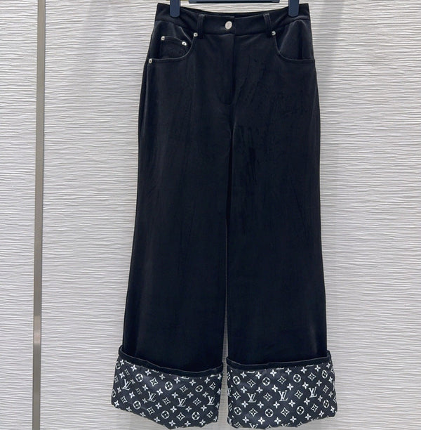 LV 26FW Wide-Leg Trousers Monogram Cuffs Polyester 436394