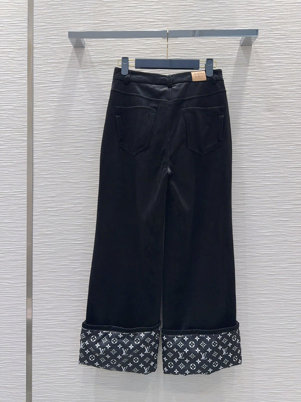 LV 26FW Wide-Leg Trousers Monogram Cuffs Polyester 436394
