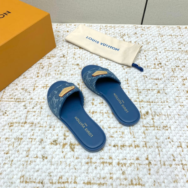 LV Monogram Flat Mules Quilted Denim Strap Gold Plaque 159240
