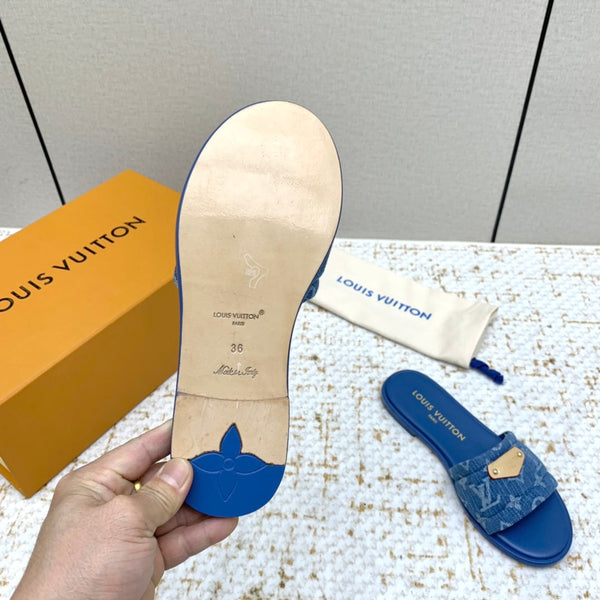 LV Monogram Flat Mules Quilted Denim Strap Gold Plaque 159240