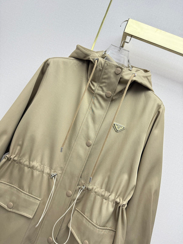 Prad 26SS Hooded Long Trench Coat Triangle Logo Drawstring Waist Cotton 437675