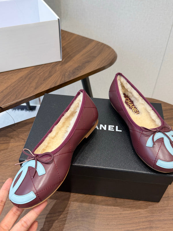 CC 26S Coco Beach Ballet Flats Bow Shearling Lining Lambskin 158502