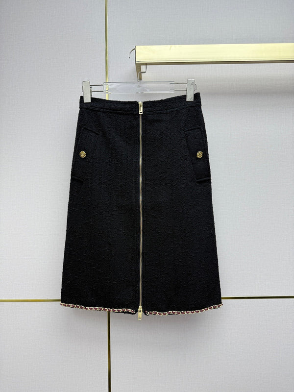 CC 26SS Tweed Zip-Up Jacket & High-Waisted Midi Skirt Set Black Cotton 437540