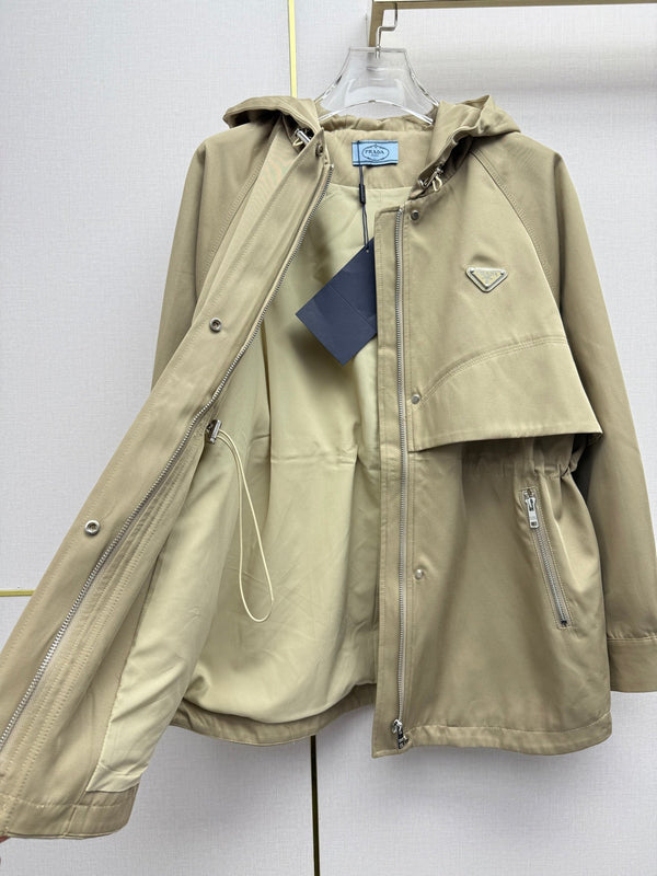 Prad 26SS Mid-Length Coat Triangle Logo Badge Drawstring Waist Beige Cotton 437536