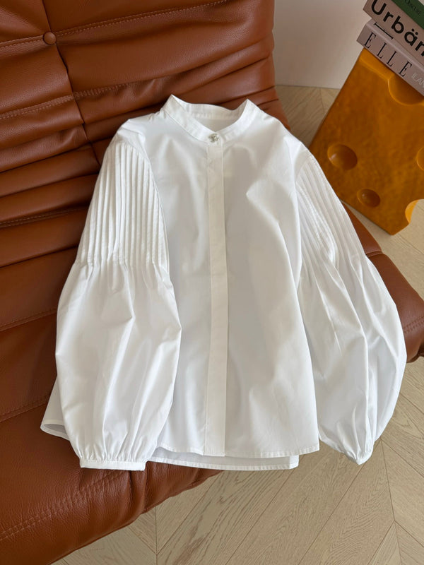 CC 26AW Double C Pleated Balloon-Sleeve Shirt Silver-Tone Button White 438409