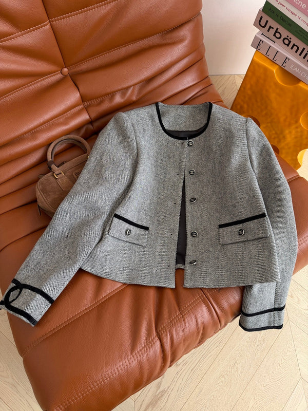 CC 26AW Double C Velvet-Trim Jacket Tone Buttons Grey Wool 438412
