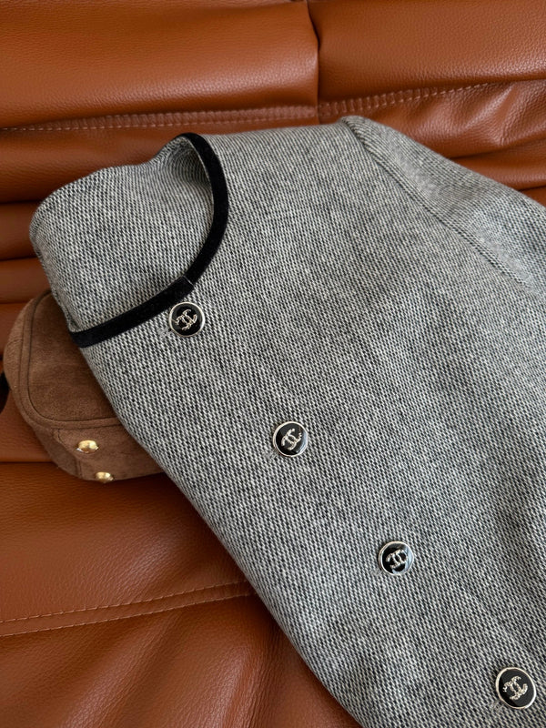 CC 26AW Double C Velvet-Trim Jacket Tone Buttons Grey Wool 438412