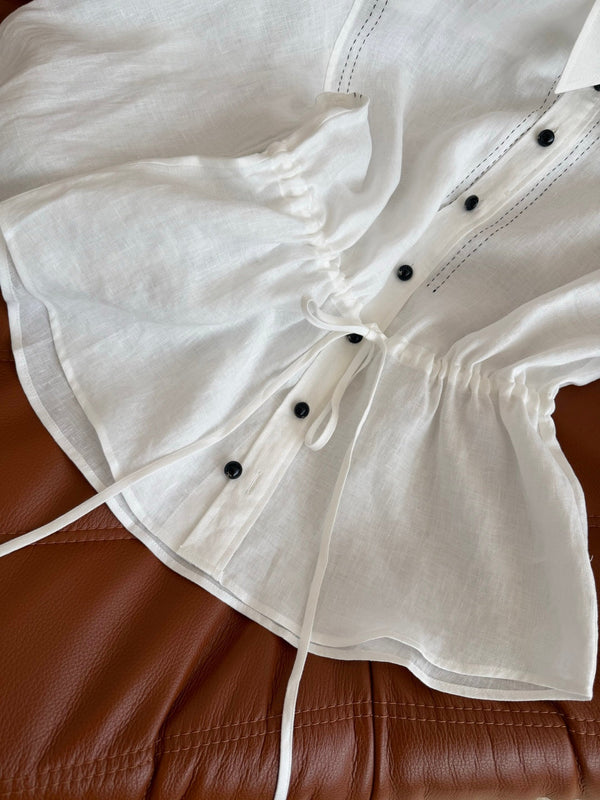 CC 26FW Drawstring Waist Shirt Contrast Stitching Double C Black Buttons White Cotton 438583
