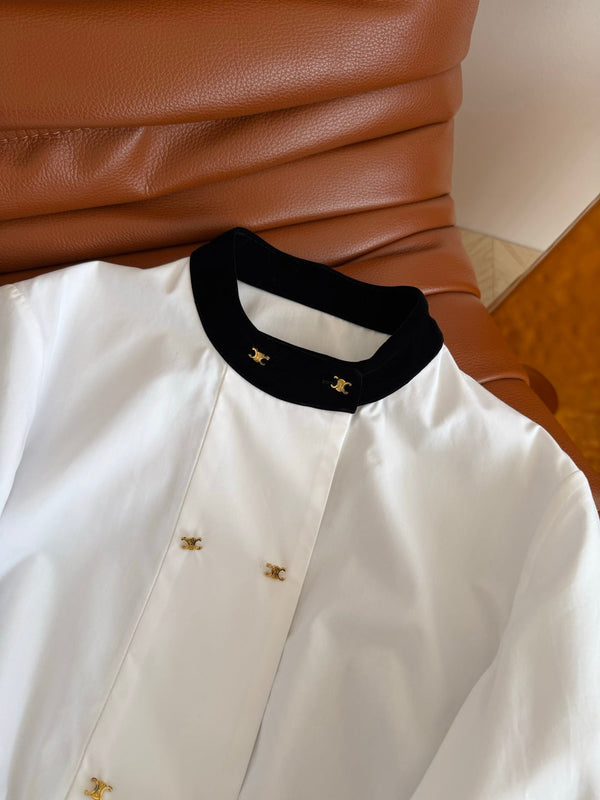CC 26FW Triomphe Double-Breasted Velvet-Trim Shirt White 438607