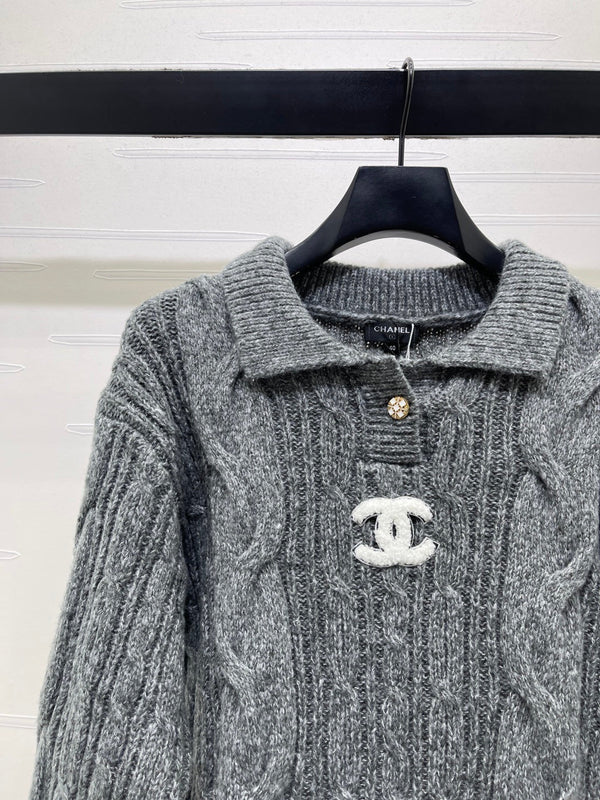 CC 26FW Cable-Knit Polo Sweater Double C Logo Patch Wool 274021