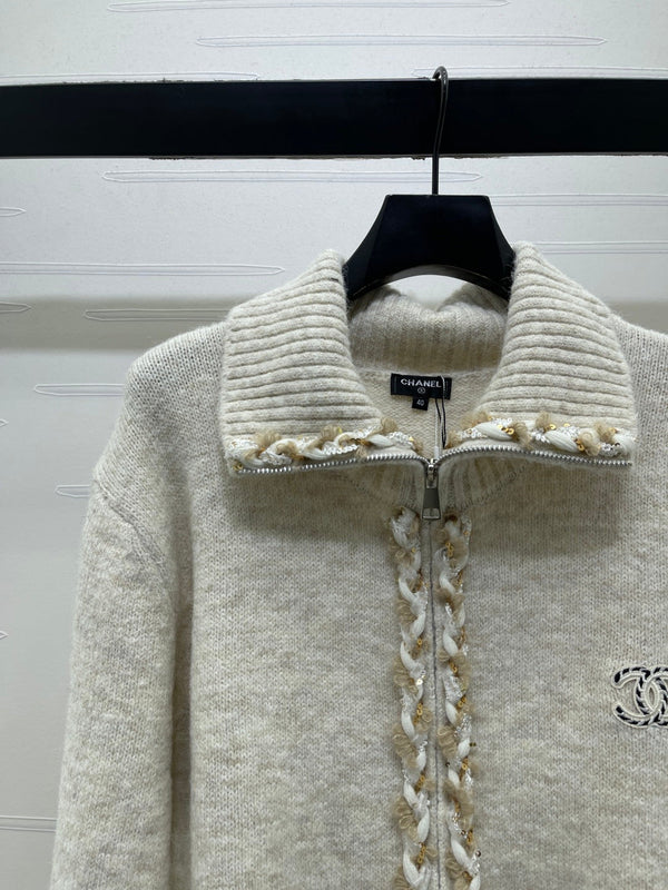 CC 26FW Textured-Trim Zip-Up Sweater CC Logo Cashmere 274028