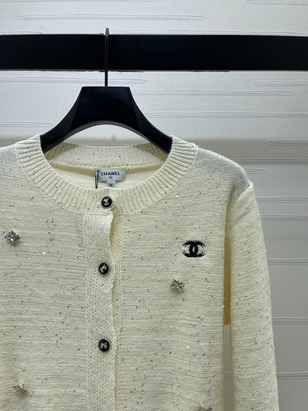 CC 26FW Crystal-Embellished Knit Cardigan Cream Wool 439885