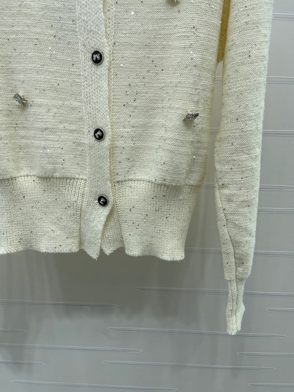 CC 26FW Crystal-Embellished Knit Cardigan Cream Wool 439885