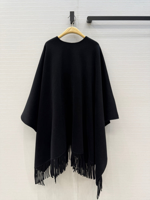 CD 26FW Cape Coat Knot Buttons Fringe Hem Black Wool 440413