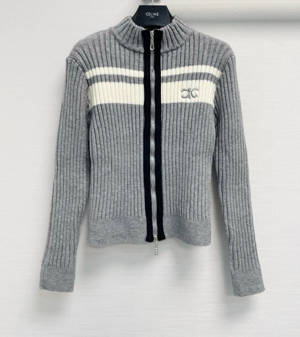 Celine 26FW Ribbed-Knit Zip-Up Cardigan Stripe Wool 440311