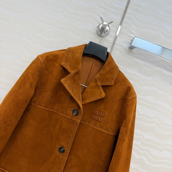 Miu 26S Lapel Leather Jacket Vintage Brown Suede 440900