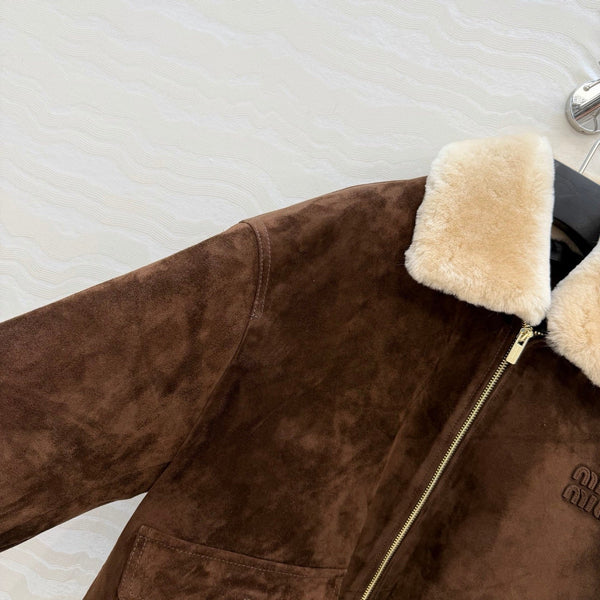 Miu 26S Oversized Jacket with Shearling Collar Brown Suede 440896
