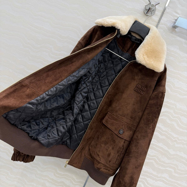 Miu 26S Oversized Jacket with Shearling Collar Brown Suede 440896
