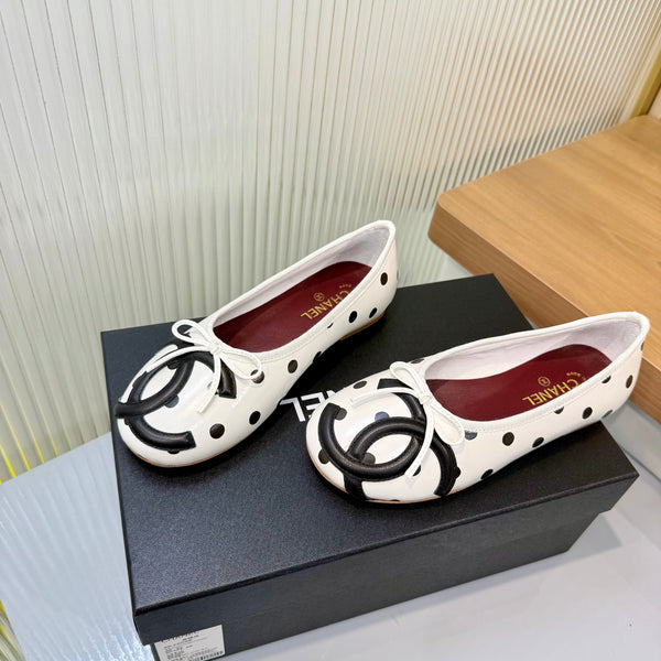 CC 26FW Coco Beach Polka-Dot Ballet Flats Bow Detail Calfskin Leather 182076