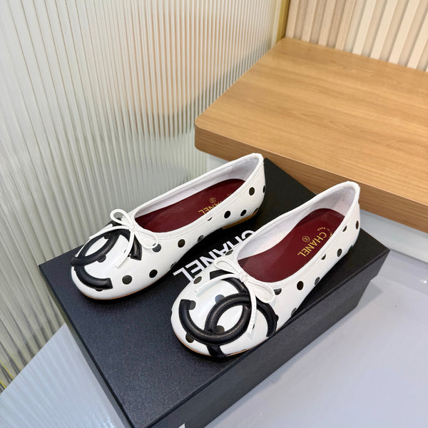 CC 26FW Coco Beach Polka-Dot Ballet Flats Bow Detail Calfskin Leather 182076