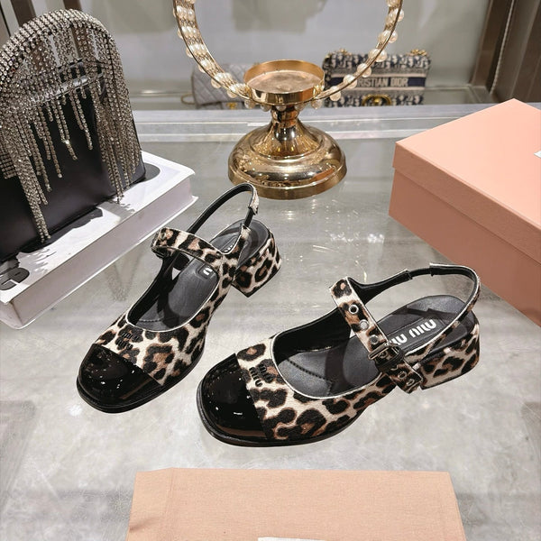 Miu 26FW Slingback Pumps 4.5cm Square Toe Strap Leopard Print Pony Hair 190486