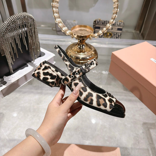Miu 26FW Slingback Pumps 4.5cm Square Toe Strap Leopard Print Pony Hair 190486