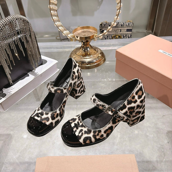 Miu 26FW Mary Jane Pumps 7.5cm Square Toe Strap Leopard Print Pony Hair 190484