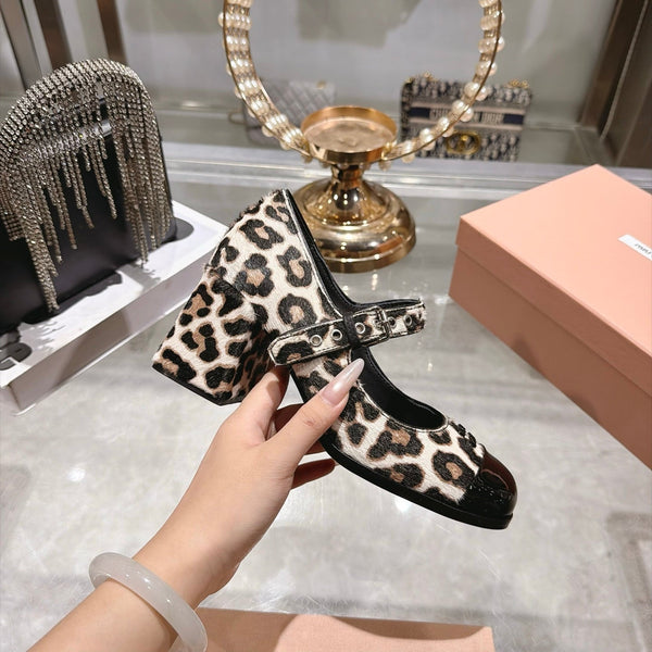Miu 26FW Mary Jane Pumps 7.5cm Square Toe Strap Leopard Print Pony Hair 190484