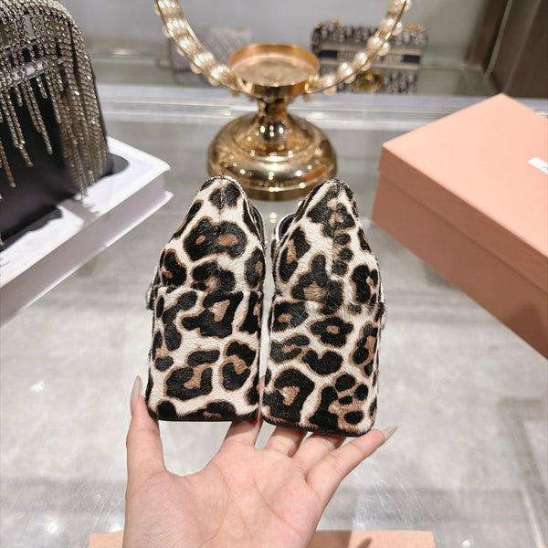 Miu 26FW Mary Jane Pumps 7.5cm Square Toe Strap Leopard Print Pony Hair 190484