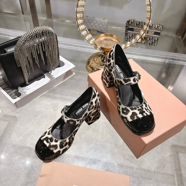 Miu 26FW Mary Jane Pumps 7.5cm Square Toe Strap Leopard Print Pony Hair 190484