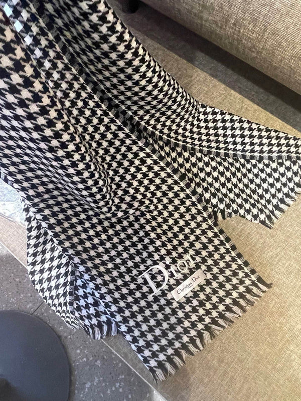 CD 26FW Scarf Houndstooth Color-Block Logo Jacquard Shawl 70×200 Wool Blend 550692