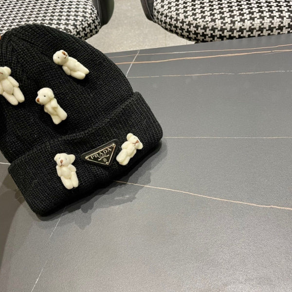 Prad 26FW Double-Layer Knit Beanie Bear Design Knitted Wool 552005