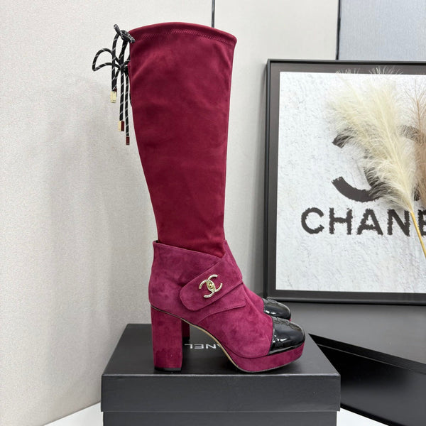 CC 26FW High Boots Gold-Tone CC Logo Suede Patent Leather 193648