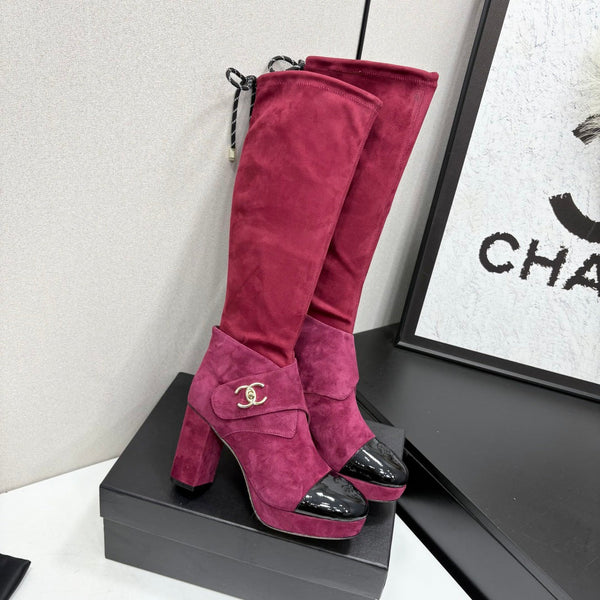 CC 26FW High Boots Gold-Tone CC Logo Suede Patent Leather 193648