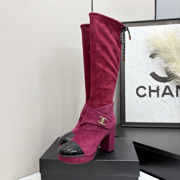 CC 26FW High Boots Gold-Tone CC Logo Suede Patent Leather 193648