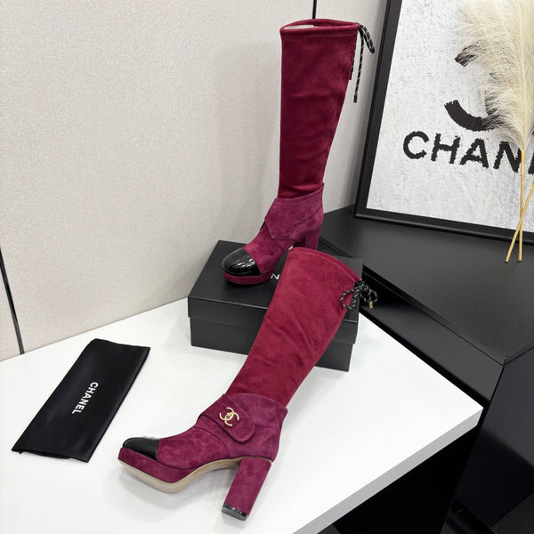 CC 26FW High Boots Gold-Tone CC Logo Suede Patent Leather 193648