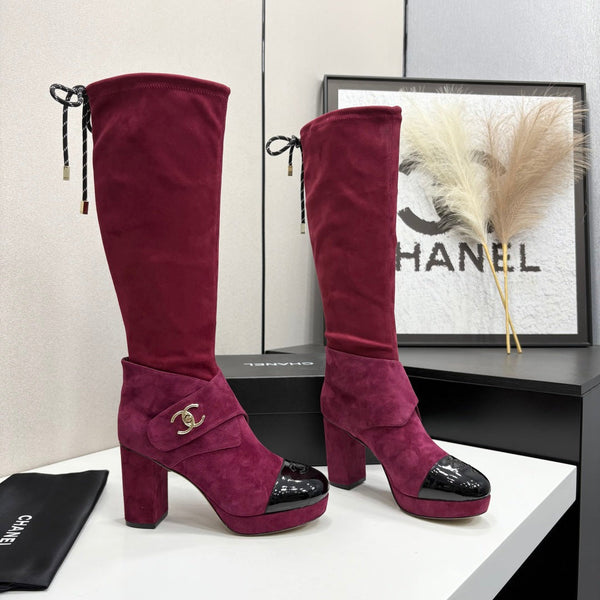 CC 26FW High Boots Gold-Tone CC Logo Suede Patent Leather 193648