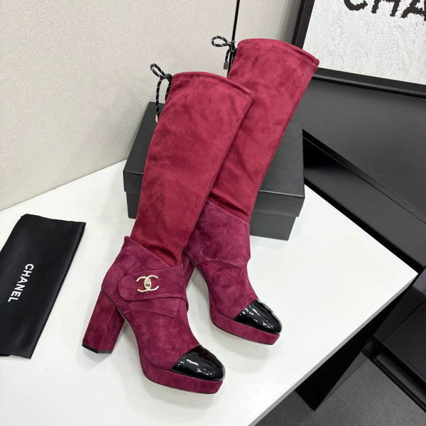 CC 26FW High Boots Gold-Tone CC Logo Suede Patent Leather 193648