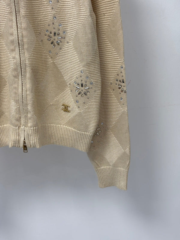 CC 26FW Stand Collar Color-Block Diamond Knit Cardigan Rhineston Metal Label Beige Wool 448066
