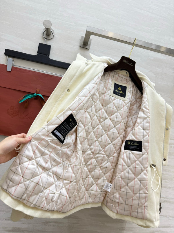LP 26FW Hooded Utility Jacket Drawstring Waist Diamond Quilted Lining Ivory Wool Blend 449825
