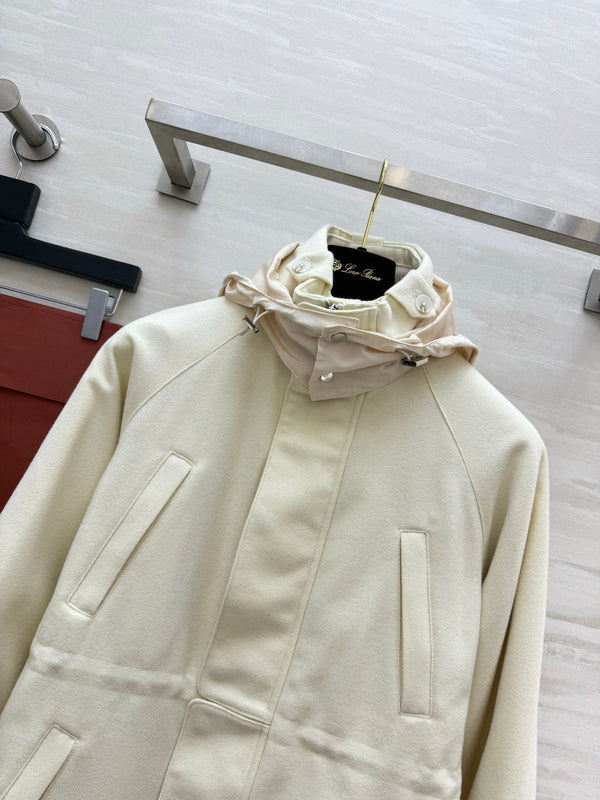 LP 26FW Hooded Utility Jacket Drawstring Waist Diamond Quilted Lining Ivory Wool Blend 449825