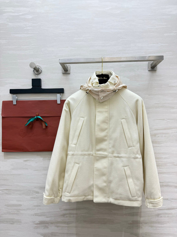 LP 26FW Hooded Utility Jacket Drawstring Waist Diamond Quilted Lining Ivory Wool Blend 449825