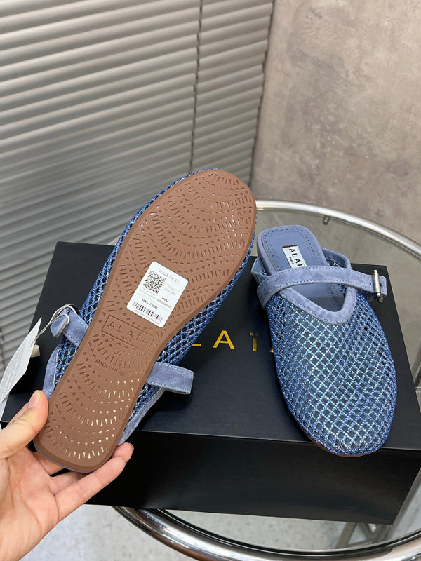 Alaia 26FW Strass Fishnet Mules Buckle Strap Suede 195868