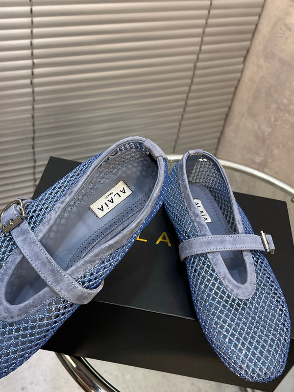 Alaia 26FW Strass Fishnet Ballet Flats Buckle Strap Suede 195860