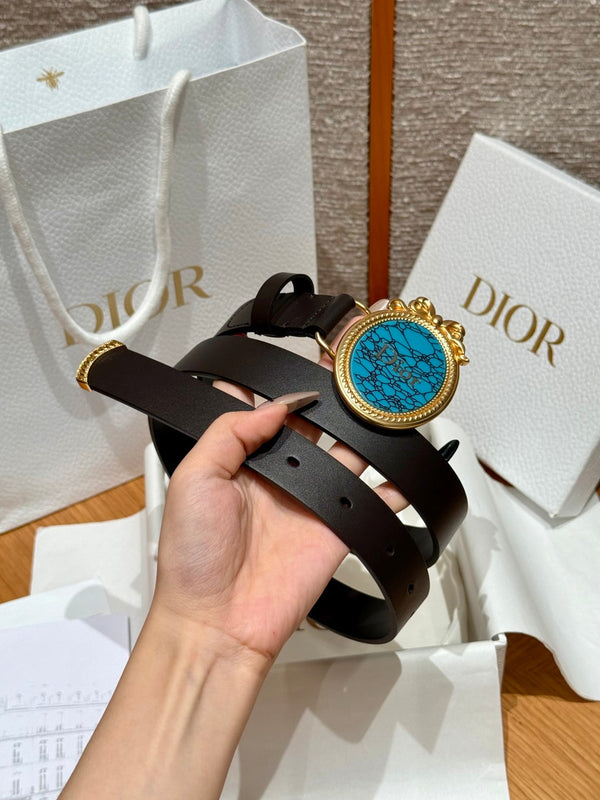 CD 26FW Medaillon Belt 2.5cm Turquoise-Effect Buckle Beige Calfskin 220648