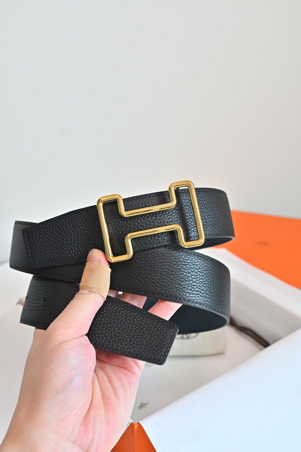 HM 26FW Reversible H Belt 3.8cm Black Blue Grained Leather 220419