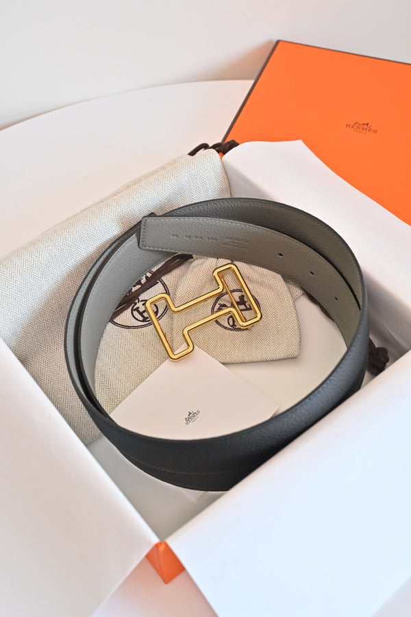 HM 26FW Reversible H Belt 3.8cm Black Rain Cloud Gray Grained Leather 220417