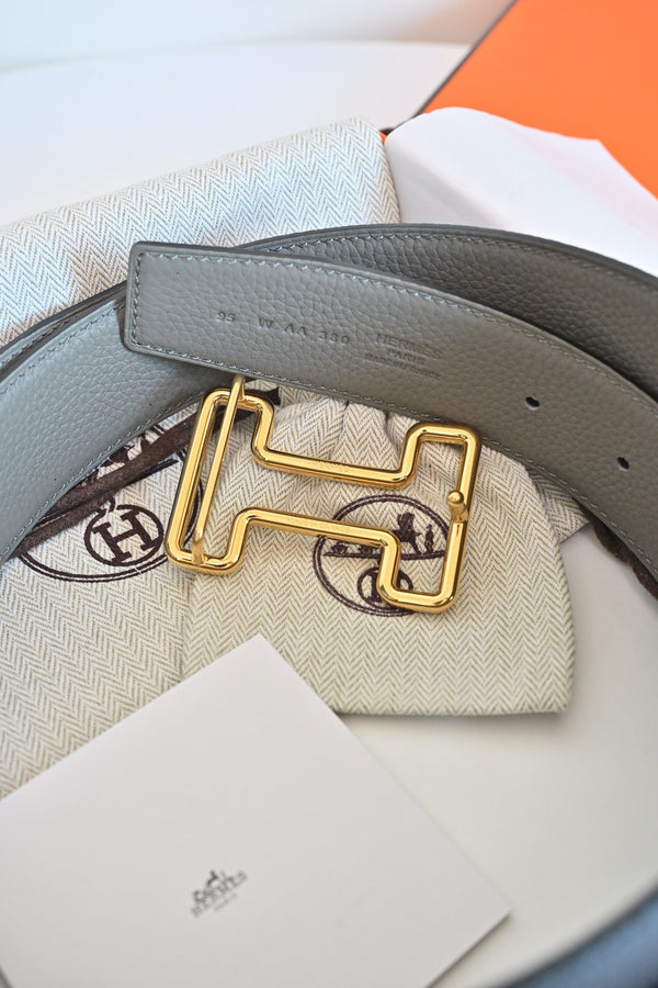 HM 26FW Reversible H Belt 3.8cm Black Rain Cloud Gray Grained Leather 220417